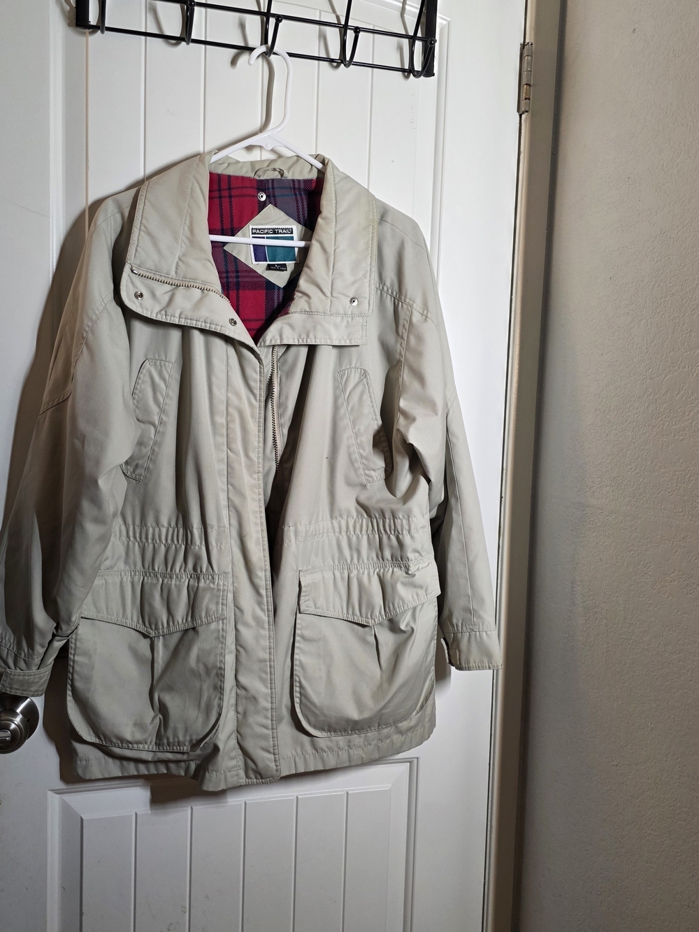 Pacific Trail Women's Light Beige Trench Coat with Red Plaid Lining